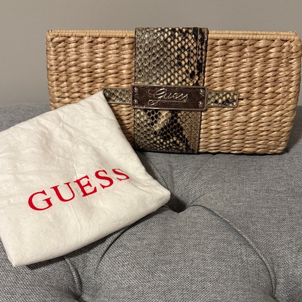 Guess Beige Woven Clutch with Snakeskin Detail